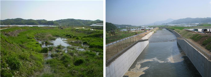▲ 하류 하천 정비전(사진 왼쪽)과 정비 후(사진 오른쪽)의 모습. ⓒ