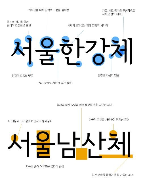 ▲ 서울서체 모양, 서울서체는 크게 한강체와 남산체 두 종류로 나뉘어진다.ⓒ서울시