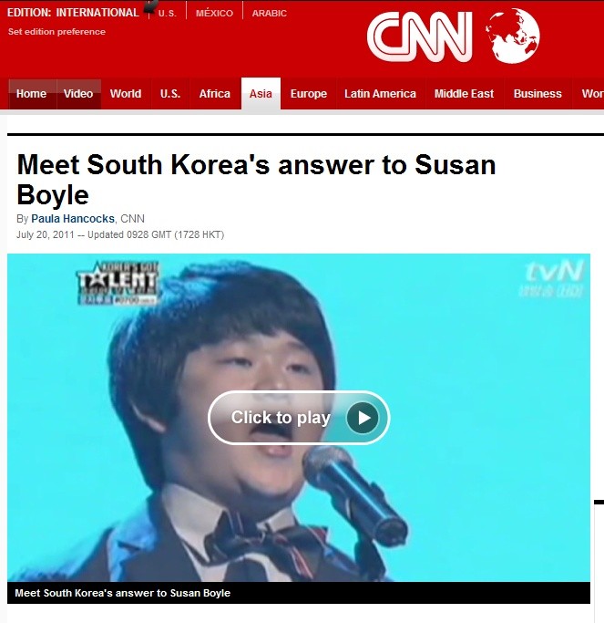 ▲ CNN이 최성봉을 한국의 수잔 보일이라고 극찬했다.ⓒCNN.COM 캡처