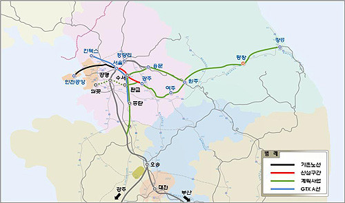 ▲ 2018년 평창 동계올림픽의 성공 개최를 위해 경기도가 수도권에서 평창까지 2시간 내에 도착하는 철도망 구축방안으로 KTX와 GTX를 이용한 노선을 국토해양부에 건의했다. 평창연결 철도망 이미지. ⓒ 뉴데일리