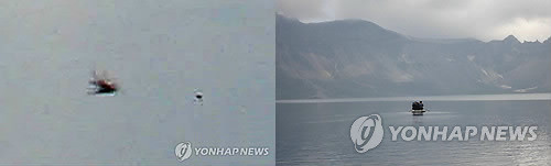 ▲ 사진 = 왼쪽은 중국 대학생이 찍은 사진, 오른쪽은 김 교수 일행이 보트를 타고 있는 모습.