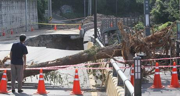 ▲ '자칭 희망버스' 시위대는 집회를 벌인 후 부산의 '수해지역'에서 자원봉사를 하겠다고 밝혔다. 하지만 부산의 수해피해지역은 사진처럼 도로지반 침하 뿐이다.