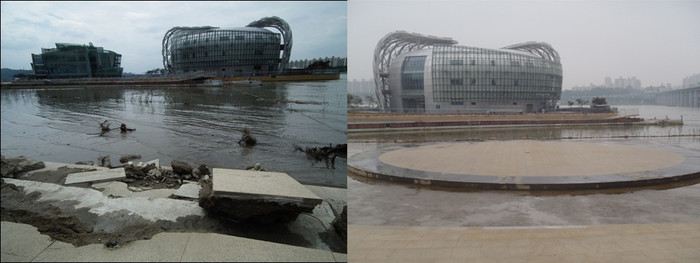 ▲ 오마이뉴스가 보도한 침수피해 사진(왼쪽)과 복구된 사진. 서울시는 유래 없는 폭우에 다소 피해를 입었지만, 곧 복구했으며 추가 피해도 없었다고 밝혔다.ⓒ뉴데일리