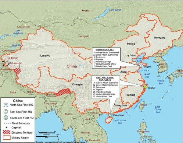 ▲ 중국 인민해방군의 해군기지 위치. 중국 해군은 아직은 '연안 해군'에서 완전히 벗어나지 못했지만 10년 내 '대양해군'으로 발돋움할 가능성이 높다. 그럴 경우 우리나라는 중국의 영향력에 압사당할 수 있다.