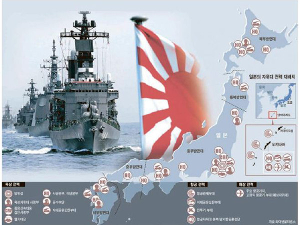 ▲ 일본 자위대 전력 배치도. 일본의 해군력과 공군력을 세계 수위권이지만 '공격전력'은 약한 편이다.