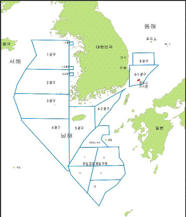 ▲ 우리나라 주변의 대륙붕 지역 광구. 이 중에서 개발에 성공한 지역은 6-1광구 뿐이다.