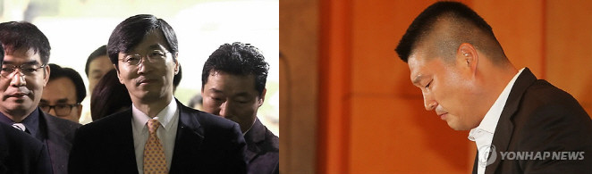 9일 영장실질심사를 받기 위해 법원에 출두한 곽노현 서울시교육감과 같은 날 기자회견을 통해 잠정은퇴 선언을 한 강호동.ⓒ연합뉴스