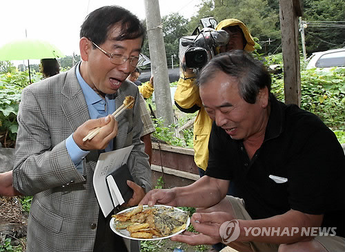 ▲ 지난 11일 서울시장 출마 의사를 밝힌 박원순 희망제작소 상임이사가 지난 여름 집중호우로 큰 피해를 입은 서울 서초구 방배동 전원마을을 추석을 하루 앞둔 11일 찾아 주민들과 부침개를 먹고 있다. ⓒ연합뉴스