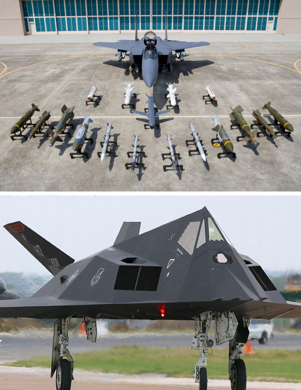 ▲ 한국 공군이 보유한 對北 종심 타격전력 F-15K(上), 2005년 북한 영공을 휘젓고 다녔던 F-117 스텔스 전폭기ⓒ
