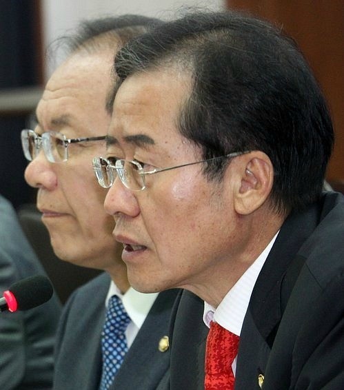 ▲ 한나라당 홍준표 대표가 12일 여의도 당사에서 열린 최고중진연석회의에서 야당의 한-미 FTA의 처리 협조를 촉구하고 있다. ⓒ연합뉴스