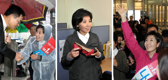 ▲ (왼쪽부터) 13일 종로에서 출근길 인사를 하는 나경원 후보 어깨띠에 한나라당은 빠져있다. (가운데) 17일 창업센터 방문 당시, 푸른색을 배제했다. (오른쪽)15일 영등포 타임스퀘어 유세 때는 분홍색 점퍼에 분홍색 어깨띠를 매치했다.  ⓒ 연합뉴스