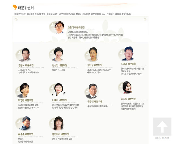 ▲ 아름다운 재단은 '배분사업'이라는 이름으로 '지원단체'를 모집한다. 이 배분사업 모집광고는 '시민사회단체연대회의' 등을 통해서만 공지된다. 사진의 배분위원들 또한 '특정성향' 단체와 관련이 있는 사람이 대부분이다.