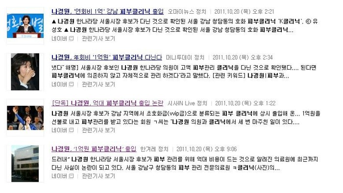 ▲ 나경원 후보 피부클리닉 보도 관련 네이버 캡처화면 ⓒ