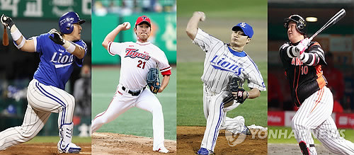 ▲ 1일 한국야구위원회(KBO)가 발표한 올해 한국야구선수권대회 MVP(최우수선수) 후보. 사진 왼쪽부터 삼성 최영우(국민타자), 기아 윤석민(투수 4관왕), 삼성 오승환(끝판대장), 롯데 이대호(지난해 MVP). ⓒ 연합뉴스