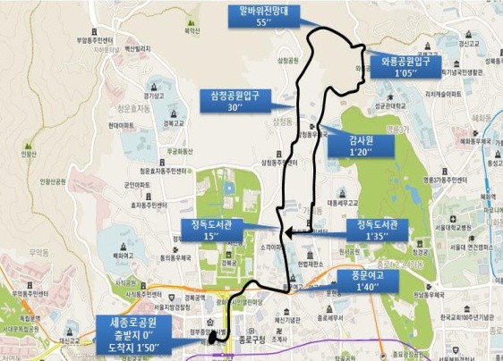 ▲ 서울시가 세종로공원 재개장을 기념해 오는 12일 4천여명의 시민들이 참가하는 서울 역사길 걷기대회를 개최한다고 밝혔다. 이미지는 행사가 열리는 걷기대회 코스. ⓒ뉴데일리 편집국
