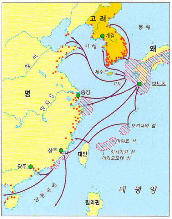 왜구의 노략질 지역.  당시 왜구는 한반도는 물론이고 중국해안과 멀리 베트남해안까지 노략질을 하였다. ⓒ