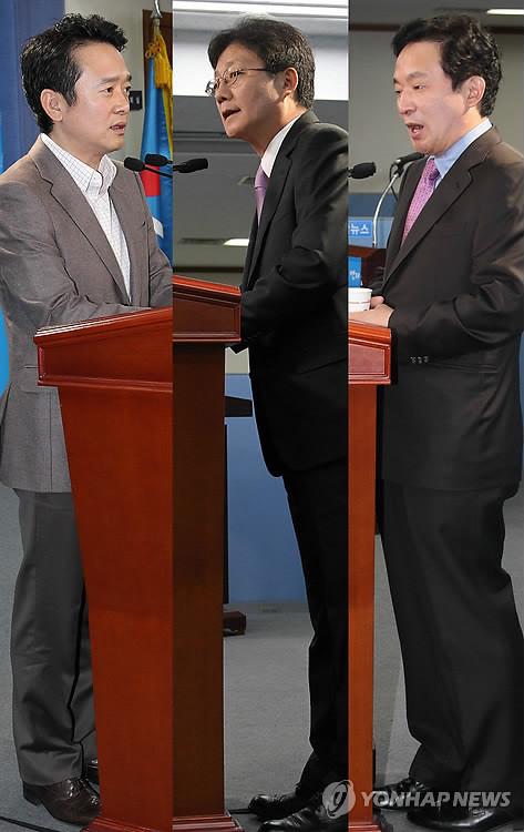 ▲ 한나라당 남경필, 유승민, 원희룡 최고위원(왼쪽부터) 3인이 7일 오전 서울 여의도 당사에서 각각 사퇴 기자회견을 하고 있다. ⓒ연합뉴스