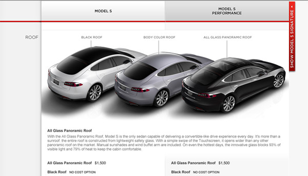 ▲ 테슬라 모터스의 '모델-S'의 각종 옵션. 21인치 휠이나 파노라마 루프도 선택할 수 있다. 이 차의 가격은 우리나라 전기차보다 1,000만 원 비싸다.