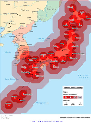 ▲ 日항공자위군의 대공방어레이더망 지도. 조밀한 대공레이더망으로 한반도 남쪽까지 커버한다.