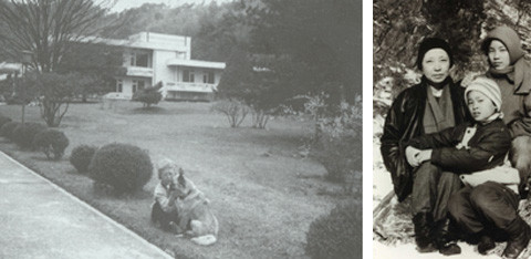 ▲ 극과 극이다. 이수자의 자서전‘나의 독백’에 실린 그의 평양 교외 주택(왼쪽). 사진 속의 개를 안고 있는 사람이 이수자. 김일성이 윤이상 부부에게 내준 이 집은 평양 중심지에서 자동차로 25분 거리에 있으며, 잔디가 깔린 넓은 뜰에 온갖 꽃과 나무가 심어져 있다. 오른쪽은 함경남도 요덕수용소에 수감된 신숙자씨와 오혜원-규원 모녀. 1991년 윤이상은 오길남씨에게 북으로 돌아갈 것을 종용하며 가족의 육성이 담긴 테이프와 이 사진을 건넸다. ⓒ