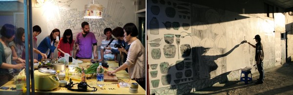▲ (좌)다국적 작가들이 모여 한국 음식을 만들고 있다. (우) 시장 벽면에 그림을 그리고 있는 '스톤앤 워터' 작가