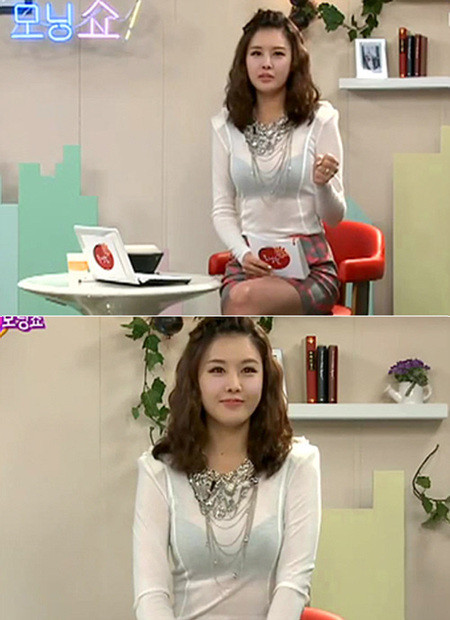 ▲ 기상캐스터 박은지의 파격적인 방송 의상이 화제다. ⓒ '박은지 원자현의 모닝쇼' 캡쳐