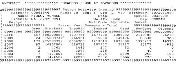 ▲ *폭스우즈 카지노에 등재된 경연희 씨의 도박 기록. 'life, 647, win(lss)'는 <2003년 이후 647일간 도박하여 잃은 돈 누계가 8822900 달러>라는 뜻이다.