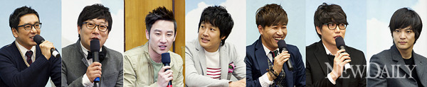 ▲ 1박2일 기자 간담에 참가한 연예인들 왼쪽부터 김승우, 이수근, 엄태웅, 차태현, 김종민, 성시경, 주원.ⓒ양호상 기자