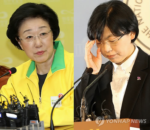 ▲ 민주통합당 한명숙 대표와 통합진보당 이정희 대표가 23일 각각 국회에서 기자회견을 하고 있다. 양당 대표는 야권연대를 더욱 공고히 하기위해 25일 공동 기자회견을 연다. ⓒ 연합뉴스