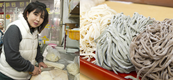 ▲ 충주무학시장 밀방아 국수 박옥순 사장, 밀방아 국수ⓒ양호상기자