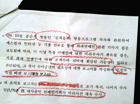 ▲ 이 1일 방송인 김제동씨에 대한 청와대 사찰이 있었다는 주장을 보도하면서 제시한 자료사진. 이 매체는 입수한 정부인사에 대한 정보보고 문건을 통해 청와대 민정수석실이 2009년 9월 김제동씨를 비롯한 이른바 ‘좌파 연예인’을 내사하도록 경찰에 지시했다고 주장했다. ⓒ 캡쳐화면
