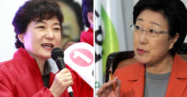 ▲ 새누리당 박근혜 중앙선대위원장(좌)과 민주통합당 한명숙 상임선대위원장 ⓒ연합뉴스