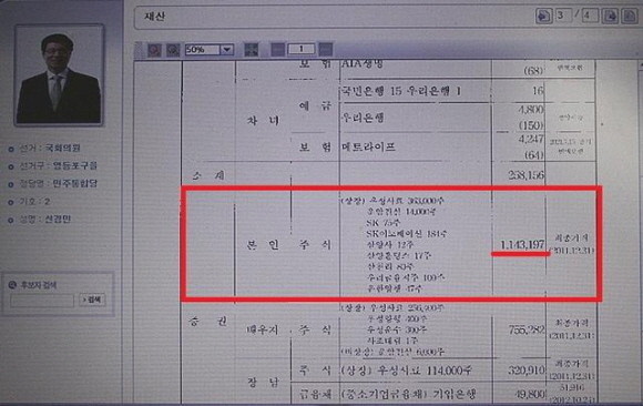 ▲ 신 후보의 재산 내역 중 주식 부분. 9세 6세에 불과한 아들.딸이 각각 3억5천만원 가량의 주식을 보유하는 등 가족 전체의 주식이 26억3천만원을 넘는다.ⓒ