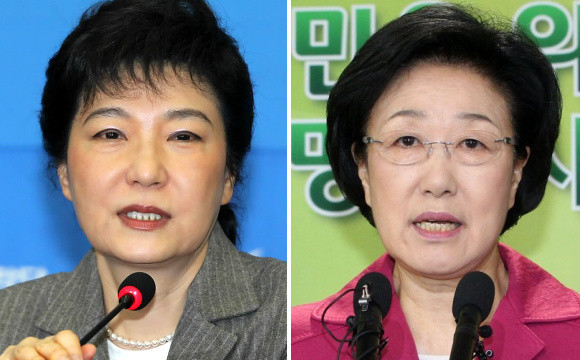 ▲ 새누리당 박근혜 중앙선대위원장(좌)과 민주통합당 한명숙 상임선대위원장 ⓒ연합뉴스