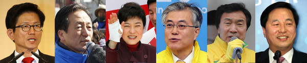 ▲ 오는 12월 18대 대통령 선거를 앞두고 그동안 웅크리고 있던 잠룡들이 움직이기 시작했다. 총선과 대선이 같은해에 치뤄지는 만큼 그 어느때보다 대권 행보를 향한 잠룡들의 치열한 머리싸움이 예상된다. 사진은 왼쪽부터 김문수 경기지사, 정몽준 전 대표, 박근혜 새누리당 선대위원장, 문재인 민주통합당 상임고문, 손학규 전 대표, 김두관 경남지사 ⓒ 연합뉴스