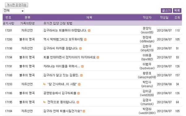 ▲ KBS 2TV 예능프로그램 '불후의 명곡' 홈페이지 게시판.