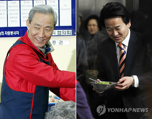 ▲ 서울 강남을에 출마한 김종훈 새누리당 후보(왼쪽)와 정동영 민주통합당 후보.ⓒ 사진 연합뉴스