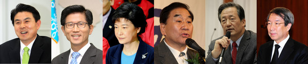 ▲ 박근혜 독주체제가 갖춰졌지만 새누리당에는 여전히 대권을 노리는 잠룡들이 호시탐탐 기회를 노리고 있다. 사진은 왼쪽부터 김태호 의원, 김문수 경기도지사, 박근혜 비대위원장, 이재오 의원, 정몽준 의원, 정운찬 전 총리 ⓒ