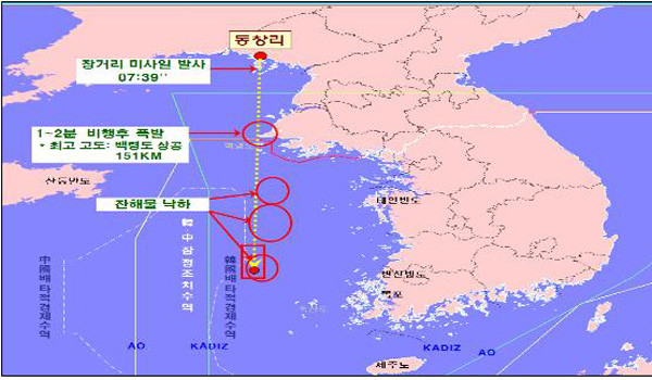 ▲ 국방부가 발표한 북한 '대포동3호' 미사일의 발사경로.