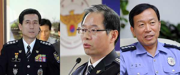 ▲ 수원 20대 여성 토막살인 사건으로 물러난 조현오 경찰청장 후임이 이르면 16일 발표될 것으로 보인다. 사진은 왼쪽부터 이강덕 서울경찰청장, 김기용 경찰청 차장, 모강인 해양경찰청장. ⓒ 연합뉴스