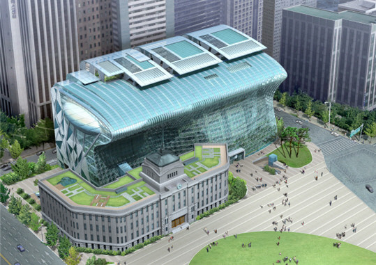 ▲ 아트펜스를 걷어내고 모습을 드러낼 서울시 신청사 조감도. 청사 전면에 구청사 본관동이 원형 그대로 보존된 모습.ⓒ