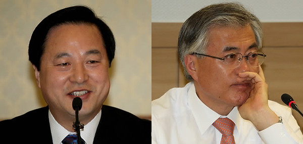 ▲ 민주통합당의 뒤숭숭한 분위기는 확실한 대권주자가 없는 것도 한 몫하고 있다. 사진은 김두관 경남지사(왼쪽)와 문재인 상임고문(오른쪽) ⓒ 연합뉴스