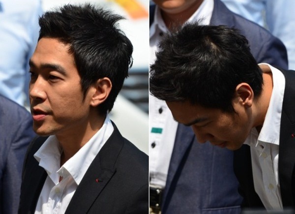 ▲ 서울 용산경찰서에 출두한 고영욱이 취재진을 상대로 머리숙여 사과를 하고 있다. ⓒ 윤희성 기자