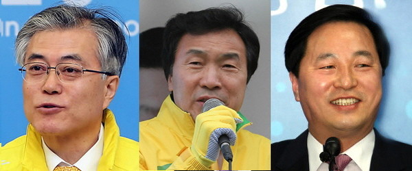 ▲ 당 지도부 선출을 끝낸 민주통합당이 본격적인 대선 체제로 전환하고 있다. 사진은 왼쪽부터 문재인 상임고문, 손학규 상임고문, 김두관 경남지사 ⓒ 자료사진