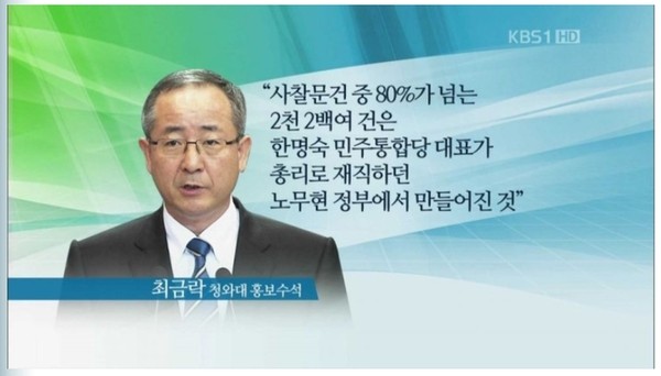 ▲ KBS새노조가 밝힌 2600여건의 사찰 문건 가운데 80%가 노무현 정부에서 이뤄졌다는 내용을 보도하는 방송 화면 ⓒ 캡쳐