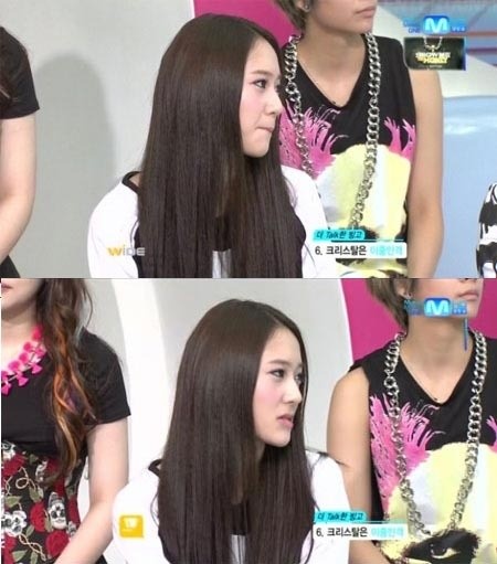 ▲ 걸그룹 에프엑스 멤버 크리스탈의 표정이 논란이 되고 있다.  ⓒ 엠넷 ‘와이드 연예뉴스’ 방송화면 캡쳐