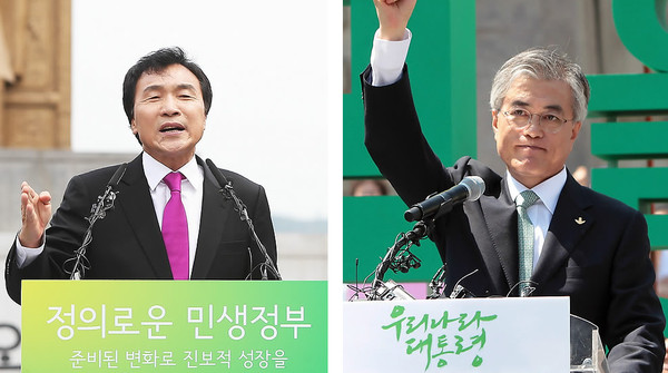 ▲ 대선 출마 선언을 하는 손학규 상임고문(왼쪽)과 문재인 상임고문(오른쪽) ⓒ 연합뉴스