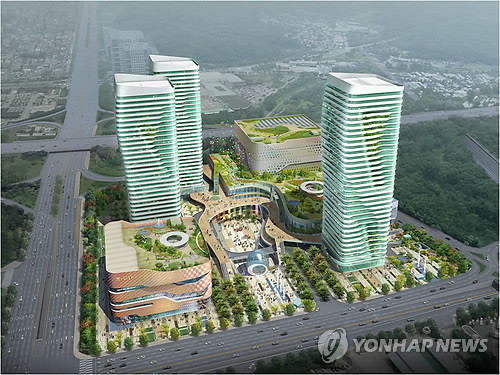 ▲ (서울=연합뉴스) 최시중 전 방송통신위원장이 파이시티측으로부터 인허가와 관련해 금품 수수혐의를 받고 있는 가운데 관심을 받고 있는 서울 서초구 양재동 화물터미널 부지에 들어설 복합유통단지인 파이시티 조감도. 2012.4.26 >