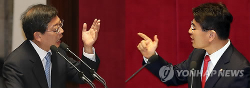 ▲ 김황식 국무총리(왼쪽 사진)가 19일 오전 국회 본회의장에서 열린 외교ㆍ안보ㆍ통일 분야 대정부질문에서 5.16에 대한 역사인식을 추궁하는 민주통합당 김재윤 의원(오른쪽 사진)의 질문에 "총리를 정쟁에 끌어들이지 마세요"라며 적극적으로 답변하고 있다. ⓒ 연합뉴스