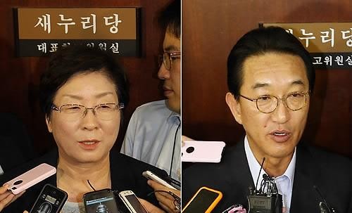 ▲ 4ㆍ11 총선 '공천 헌금' 의혹의 당사자인 새누리당 현영희 의원(왼쪽사진)과 현기환 전 의원이 3일 오전 국회에서 열린 최고위원회의를 마치고 나와 기자들의 질문에 답하고 있다.ⓒ 연합뉴스